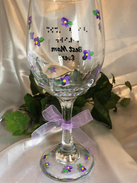 (back) Hand painted purple violets with yellow center & green leaves,  all around the glass and base