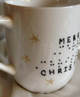 Merry Christmas- Coffee Mug- Braille raised dots and holly