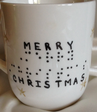Merry Christmas- Coffee Mug- Braille raised dots and holly