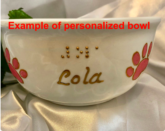 White pet bowl with pink pawprints outlined in raised gold, name in raised braille and script
