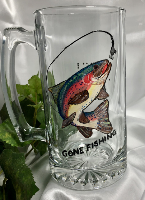 Braille- Gone Fishing- Rainbow Trout - Beer mug. 16 ounces