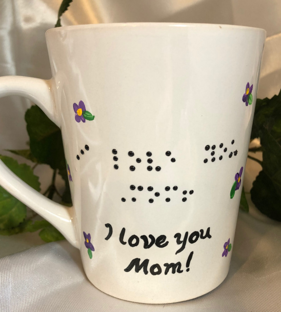 Ceramic white mug with  hand-painted, adorable purple violets with yellow center & green leaves 